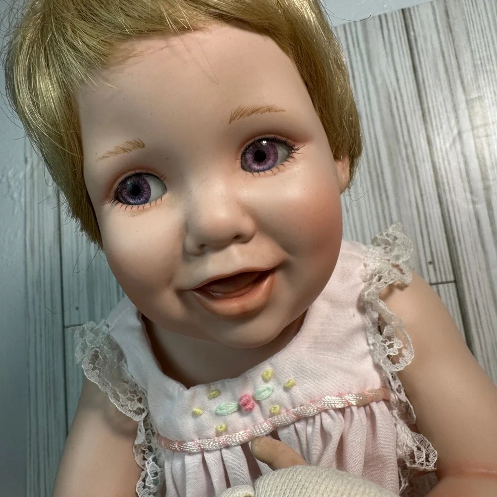 Vintage Ashton Drake 1993 Porcelain Baby Doll Pink Lace Outfit Teddy Bear